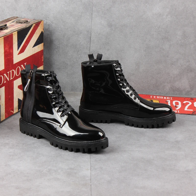 Korean style mens casual patent leather boots black oxfords shoes lace-up platform boot streetwear ankle botas masculinas zapato