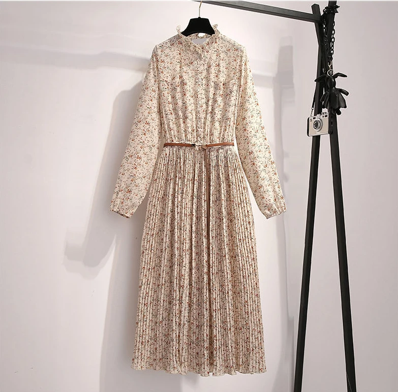 

Spring New Women Dress Spring Temperament Chiffon Floral Dress Belt Ruffled Stand Collar Long Sleeve Maxi Dress B336