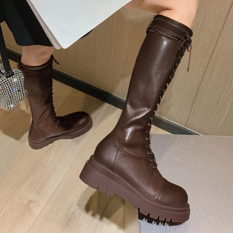 

RIZABINA Women Knee Boots Cross Strap Fashion Platform Thick Heel Winter Shoes Woman Warm Long Boot Footwear Size 34-43