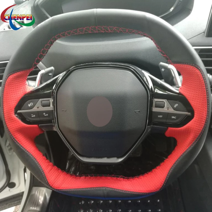

DIY Black Red Leather Car Steering Wheel Cover For Peugeot 3008 4008 5008 2016-2019 508 208 2019-2020 E-208 2020 Car Accessories