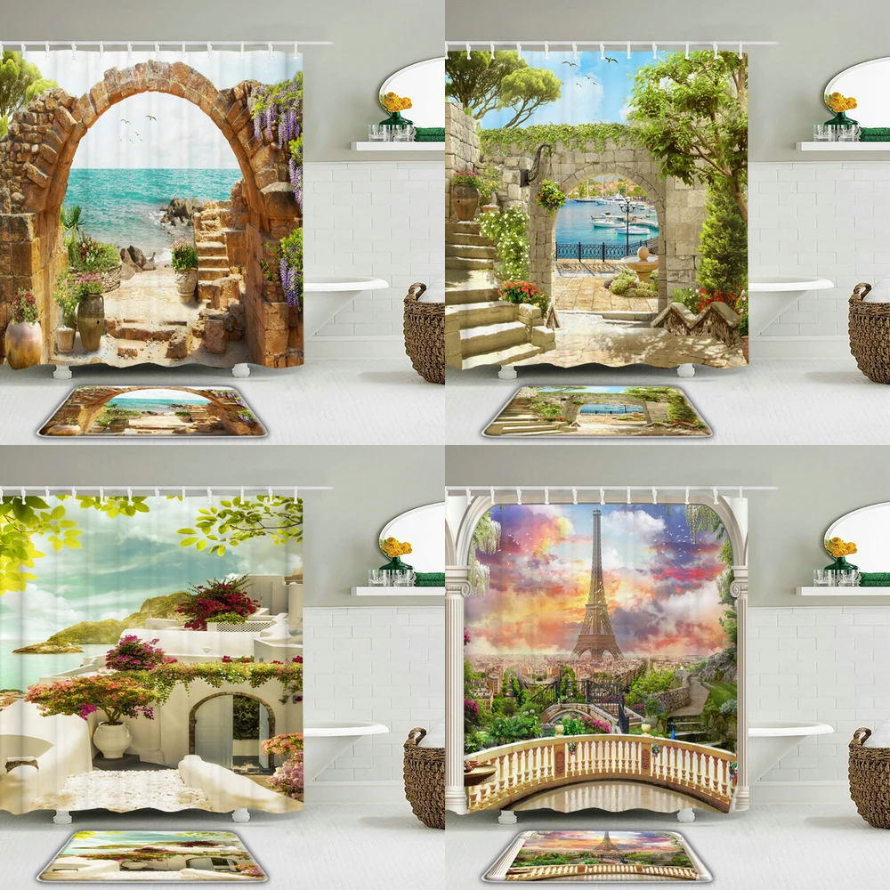 

Flowers arch bridge Rural Scenery 3D Shower Curtain Set Rug Toilet Non-slip Mat Floor Bath Mat Set Bathroom Curtains with Hooks