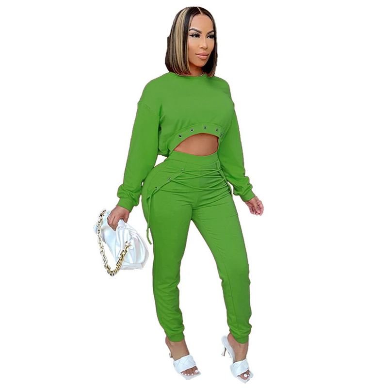 

2021 leisure women's sportswear sportswear two-piece long-sleeved tops bandage stacking pants suit