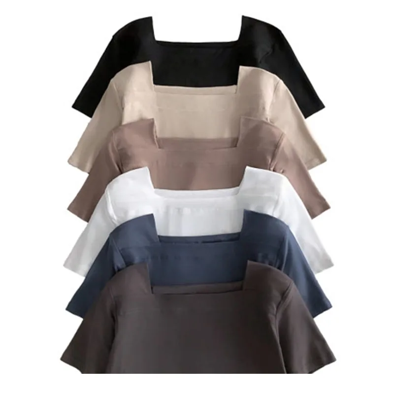 

Square neck short-sleeved t-shirt female Korean student Western style design revealing clavicle ins super fire solid color top t