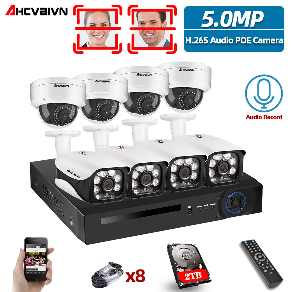 Обнаружение лица H.265 8CH 5MP 4K HD CCTV комплект видеонаблюдения Система аудио IP камера