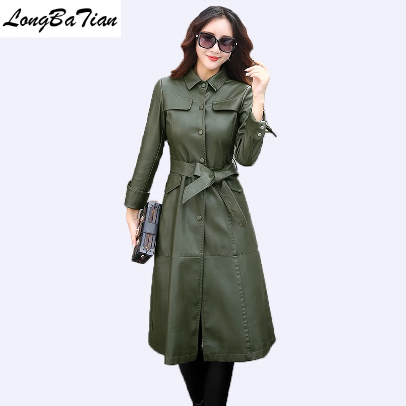 

2020 New Slim Fashion Women's Clothing Plus Size 5XL Army Green leather Jackets X-Long Turn-down Collar Coat