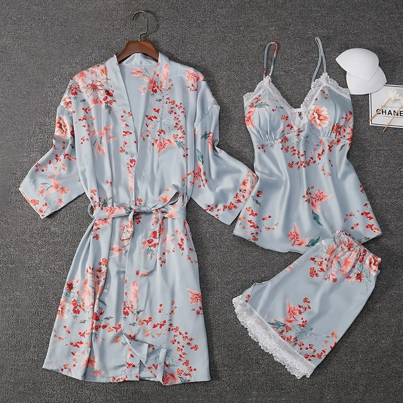 

5PCS Pajamas Suit Casual Women Printed Flower Nightwear Kimono Robe Spring Intimate Lingerie Autumn New Sleepwear Home Wear
