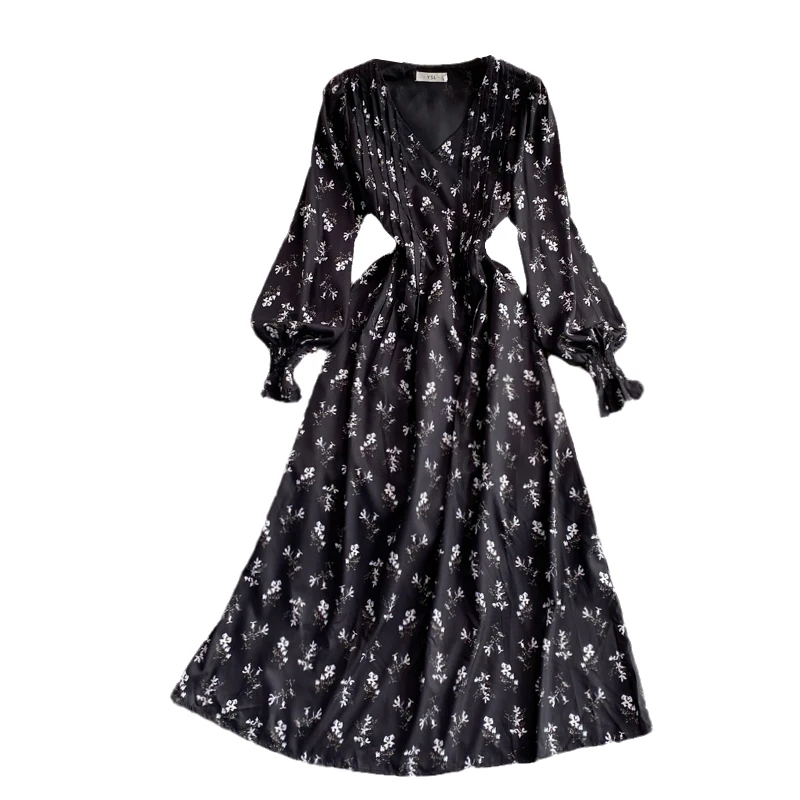 

Kimutomo Retro Floral Printing Dress Women 2021 Autumn New Fashion Female V-neck Puff Sleeve Slim Waist Long Vestidos Elegant