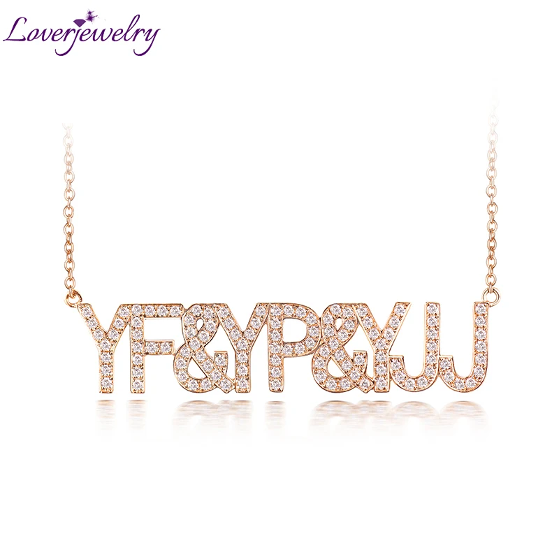 LOVERJEWELRY DIY Letters Pendant Necklace Real 18k Rose Gold Women Customize Diamonds Pendant For Anniversary Birthday Gift