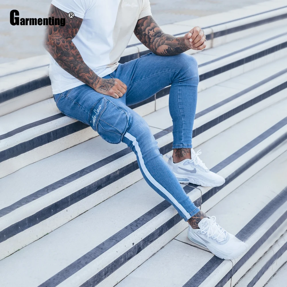 Plus Size 3xl Mens Jeans Striped Demin Pants Skinny Jeans Men Fashion 2021 Multi-pocket Pants Streetwear Sexy Male Denim Jeans