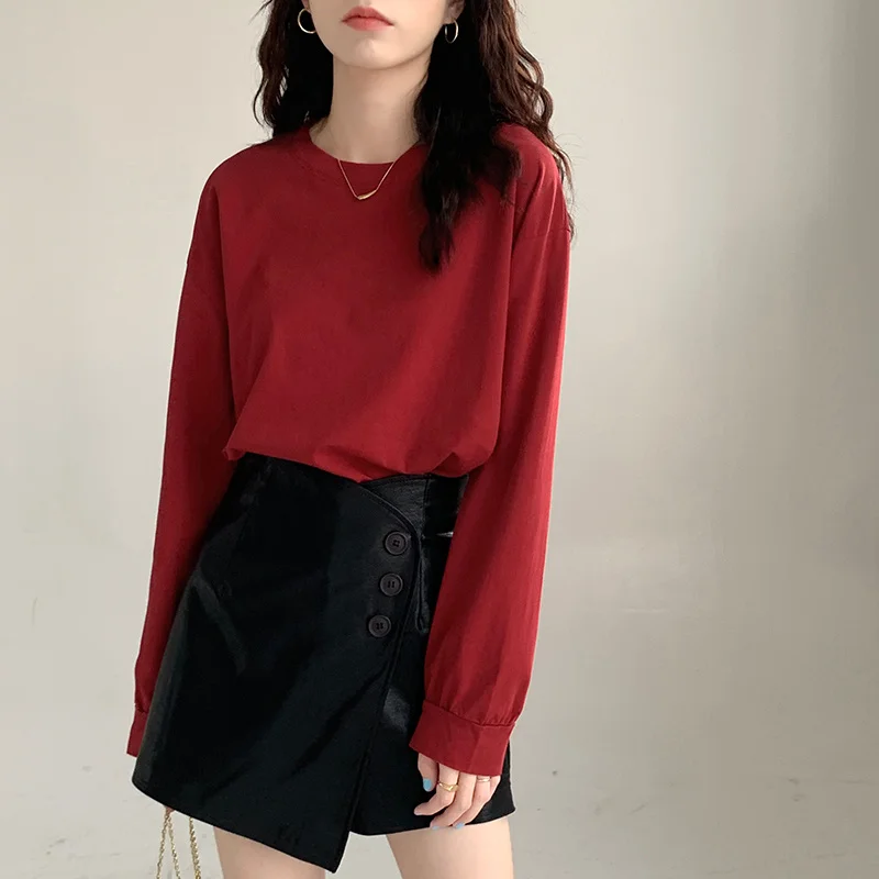 

2021 Autumn Women T-shirt Loose Simple Design Tshirt Long Sleeve Round Neck Cotton Solid Color Basic Tops Female Clothing