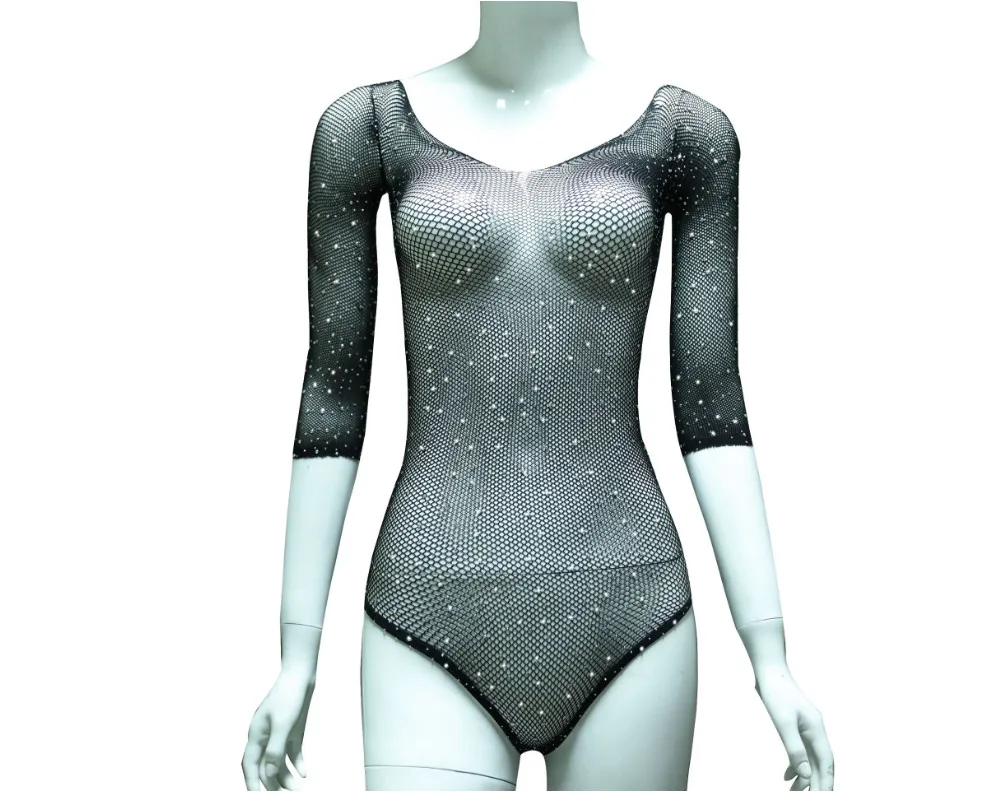 Модное женское боди в сеточку со стразами сексуальное трико с длинным рукавом