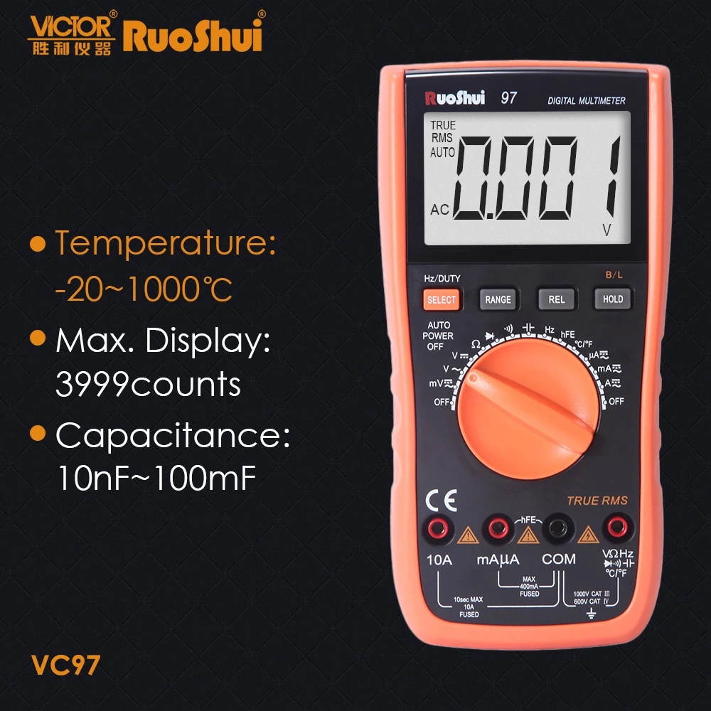 RuoShui VC97 True RMS 4000 Цифровой мультиметр тестер сопротивление конденсатор Частота Температура транзистор multimetro Электрический