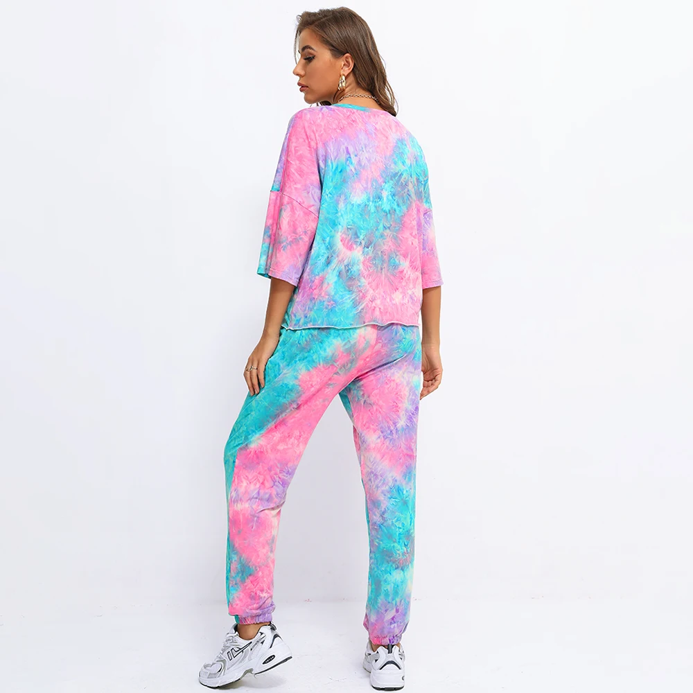 

Fridayin Summer Tie-Dye Printed Loose Tracksuits Elastic Waist Trousers Set Top Shirt And Long Pants Bottom Two Piece Set