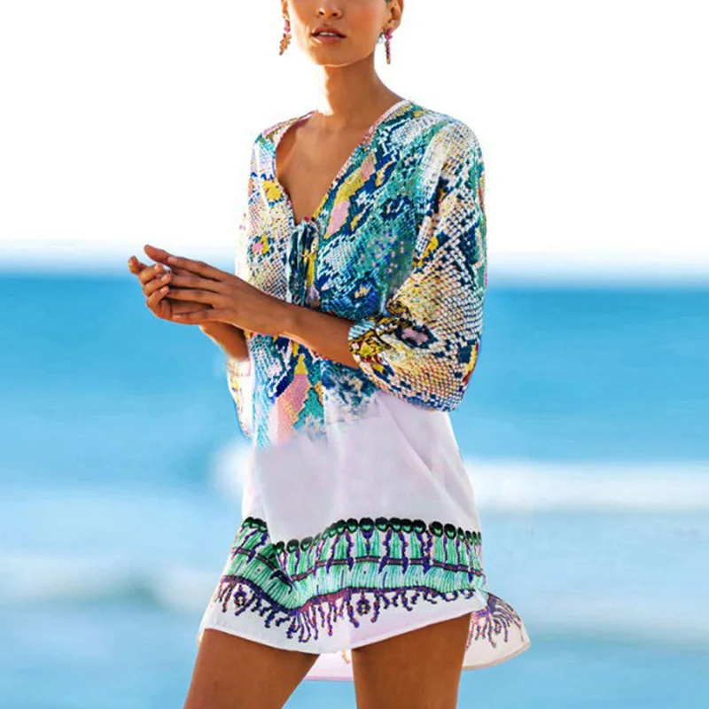 Женское пляжное платье Caftan летнее накидка с принтом новинка 2019 шифоновый