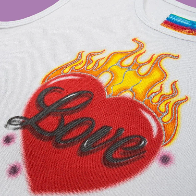 

Flame love pattern white vest cotton millennial hot girl sling ins exposed umbilical outer wear bottoming short top