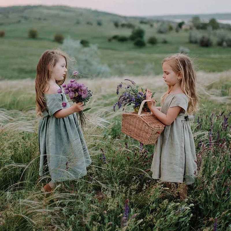 Новинка 2022 льняное платье для девочек в сельском стиле с цветами летние платья