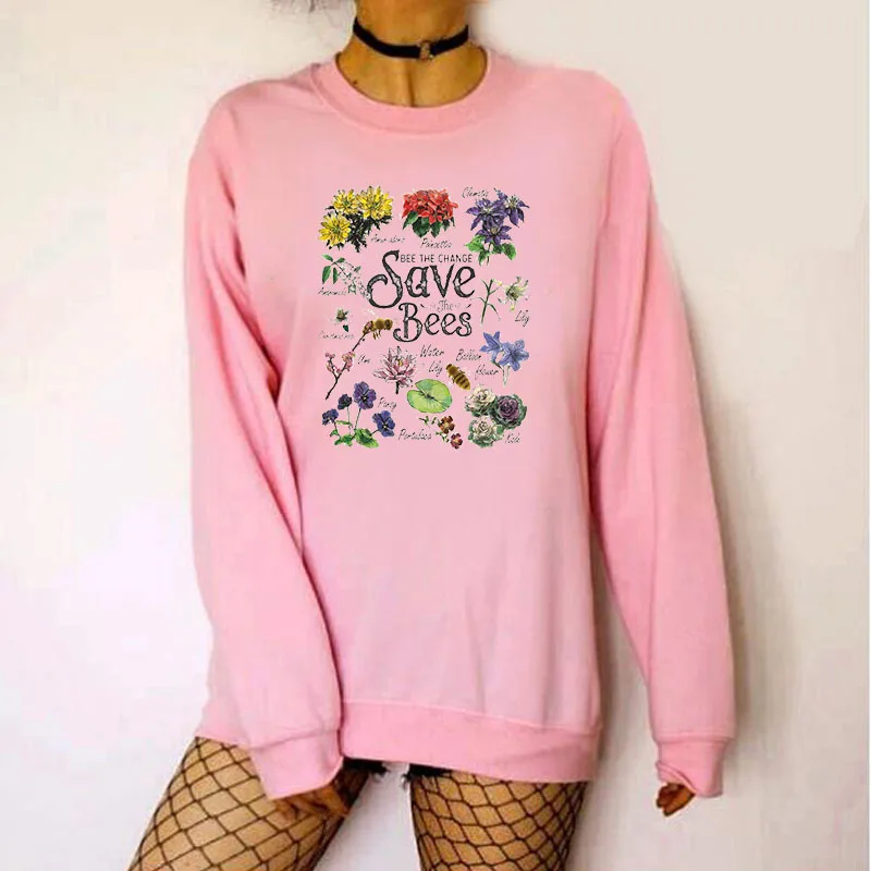 

Women Hoodie Save bees flower Printed Hoodies Women Fleece Long Sleeve O Neck Loose Sweatshirt Girls Pullovers Winter