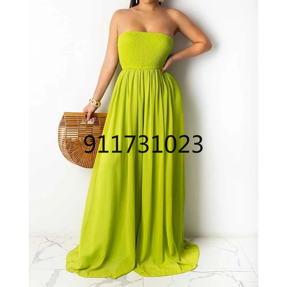 Женский комбинезон без бретелек элегантный однотонный с широкими штанинами и