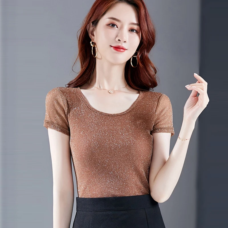 2021 женская блузка для ранней лета Современная блестящая сетчатая рубашка с