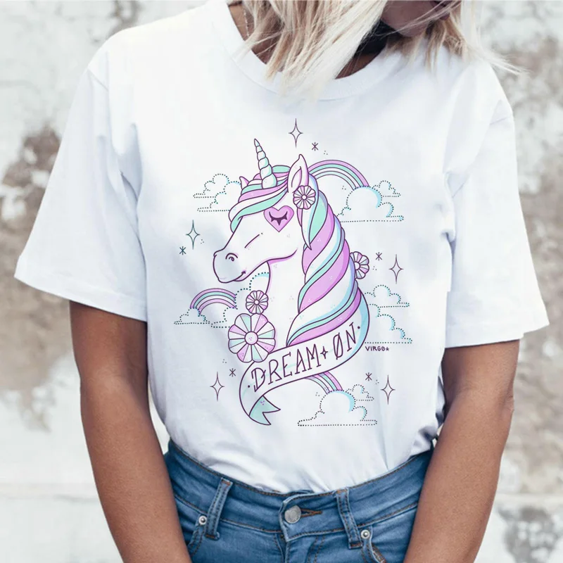 Женская футболка с единорогом Kawaii Unicornio 90s коротким рукавом в стиле хип хоп