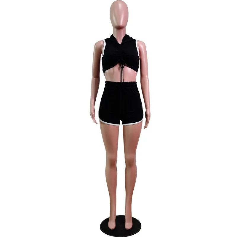 

2021 Women's Fashion Solid Color Vest Top Navel With Tie Rope And Hat Sports Wind Set DAFIFY