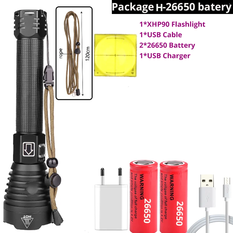 Package H-XHP90 XHP90 XHP70.2 супер мощный светодиодный светильник-вспышка с usb зумом тактический фонарь xhp50 18650 или 26650 перезаряжаемый аккумулятор ручной светильник - Испускаемый цвет: Package H-XHP90