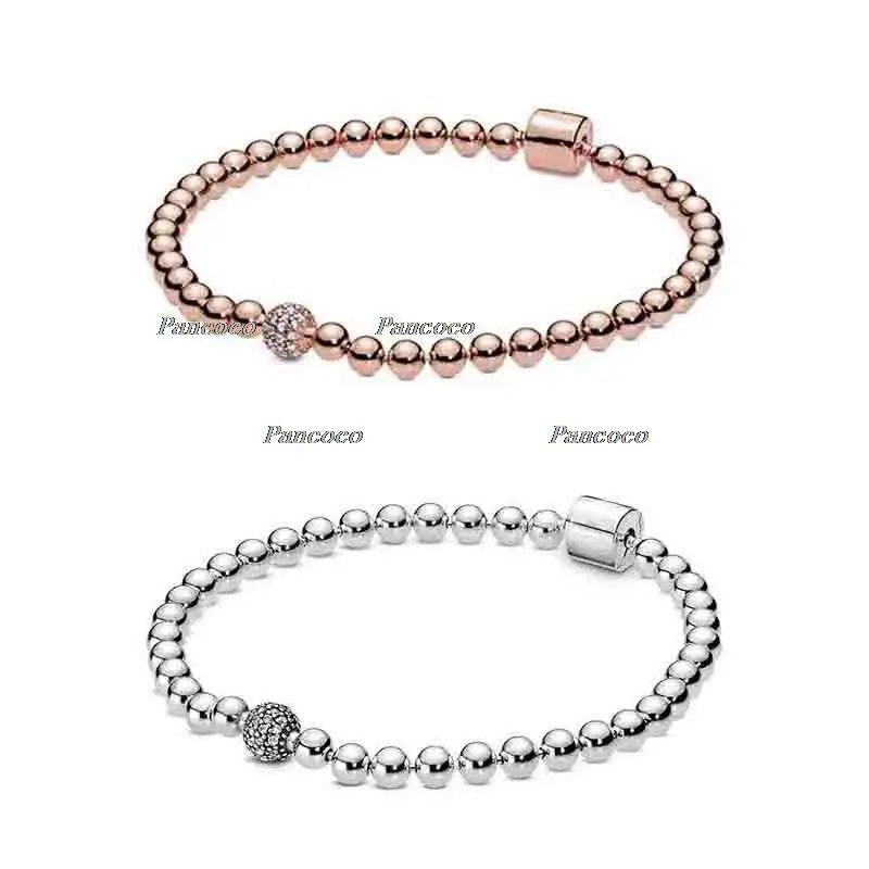 

925 Sterling Silver Bracelet Smooth Beads & Pave Crystal Ball Bracelet & Bangle Fit Bead Charm Diy Fashion Jewelry