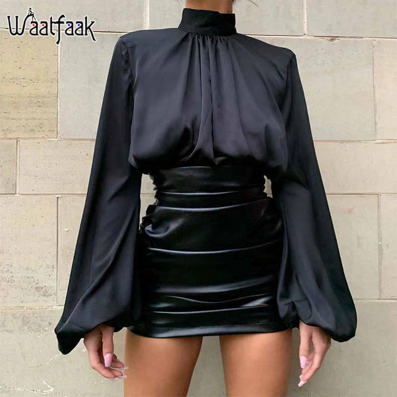 Женская блузка с длинными рукавами фонариками Waatfaak белая черная элегантная