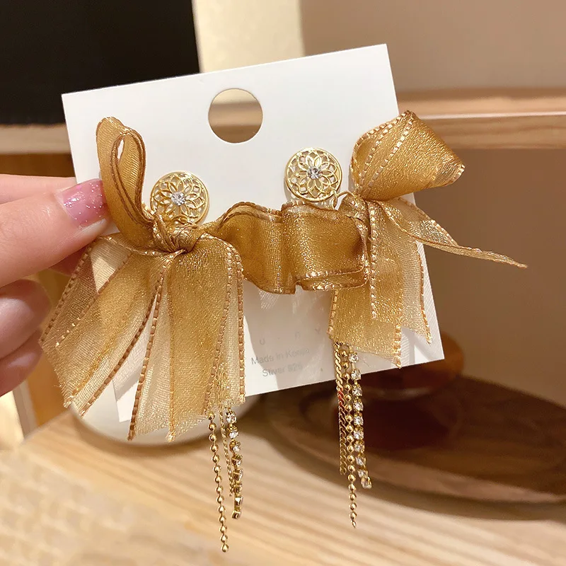 

925 silver needle fashion bowknot long earrings temperament simple diamond earrings lace simple Earrings female factory wholesal