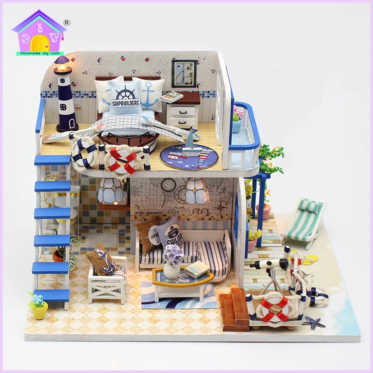 

Handicraft diy toys assembled building model house light blue coast