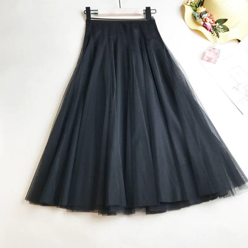2020 Lente Zomer Vintage Rokken Vrouwen Elastische Hoge Taille Tulle Mesh Rok Lange Geplooide Tutu Vrouwelijke Jupe Longue | Женская