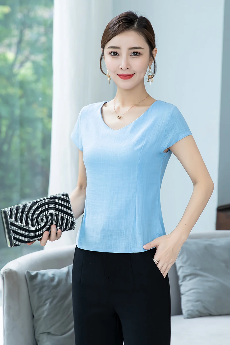 

2019 new Korean version of hemp V-collar cotton and hemp short-sleeved T-shirts A203