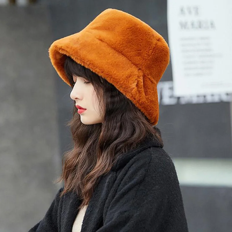 Faux Fur Winter Bucket Hat For Women Girl Fashion Solid Thickened Soft Warm Fishing Cap Outdoor Lady Plush Fluffy Panama Caps