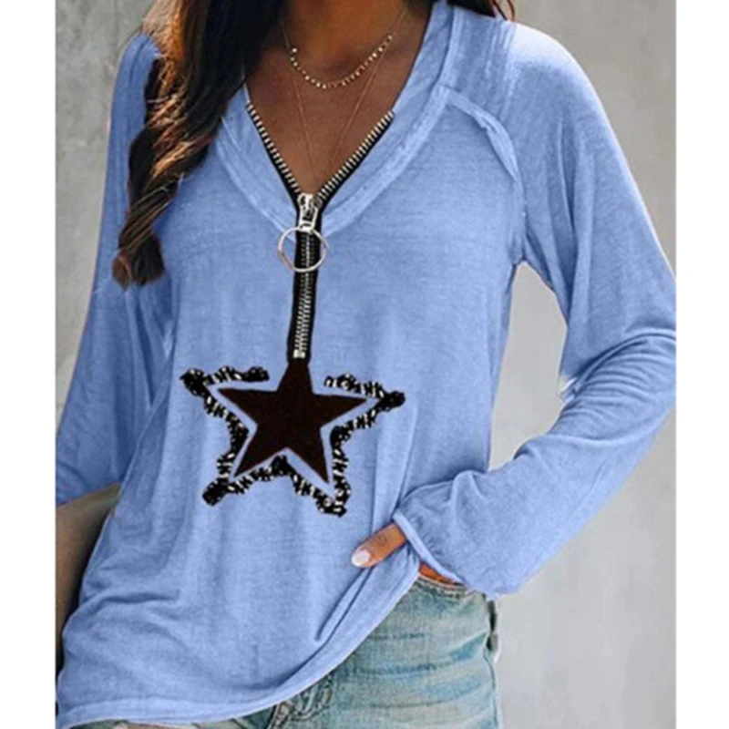 

V-Neck Pullover Long Sleeve Tees Women Star Printed Zip T Shirts Top Clothing Casual Fashion Tops Loose New T Shirt Autumn Tops