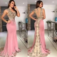 pink evening dresses mermaid scoop appliques lace beaded dubai saudi arabia long prom dress gown robe de soiree