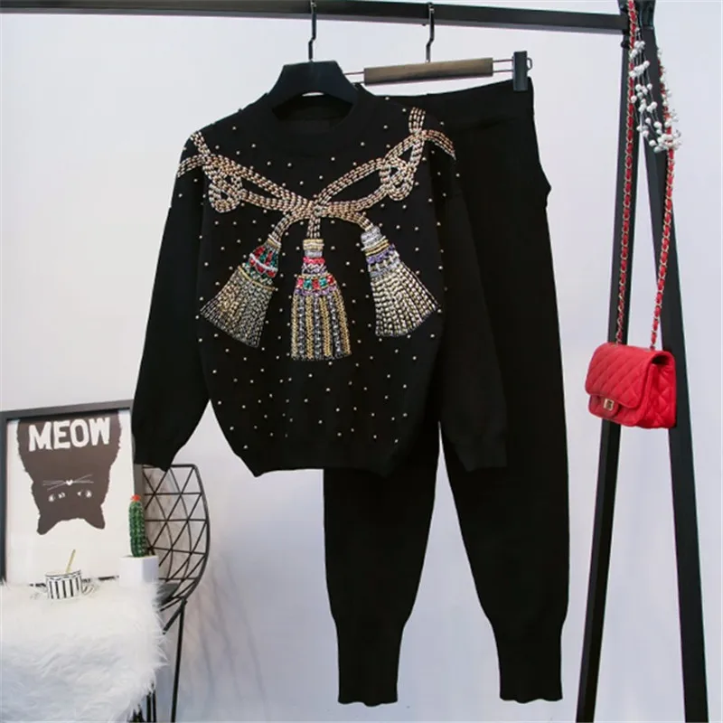 

Spring Fashion Black Knitted Tracksuit Outfits Women Handwork Beading Sweater Pullover Pencil Pants Loose Casual Knit Set Female