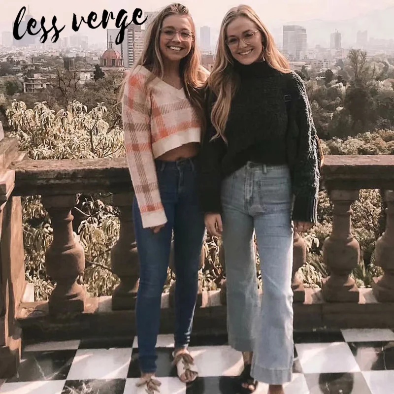 Lessverge Plaid sexy knitted crop top sweater Women v neck casual streetwear short pullover Autumn winter fashion jumpers ladies | Женская