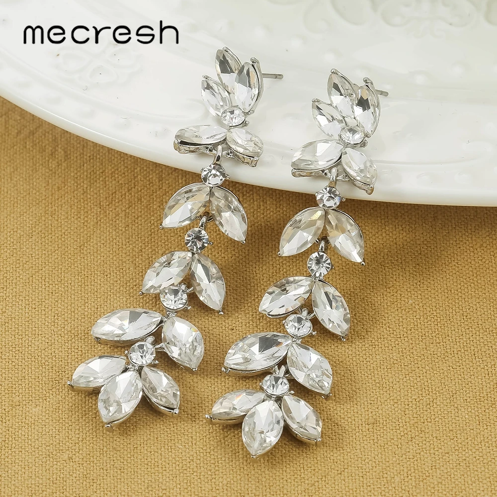 Mecresh Leaf Branch Crystal Women Dangle Earrings Silver Color Horse Eye Shape Bridal Wedding Drop for Party MEH1720 | Украшения и