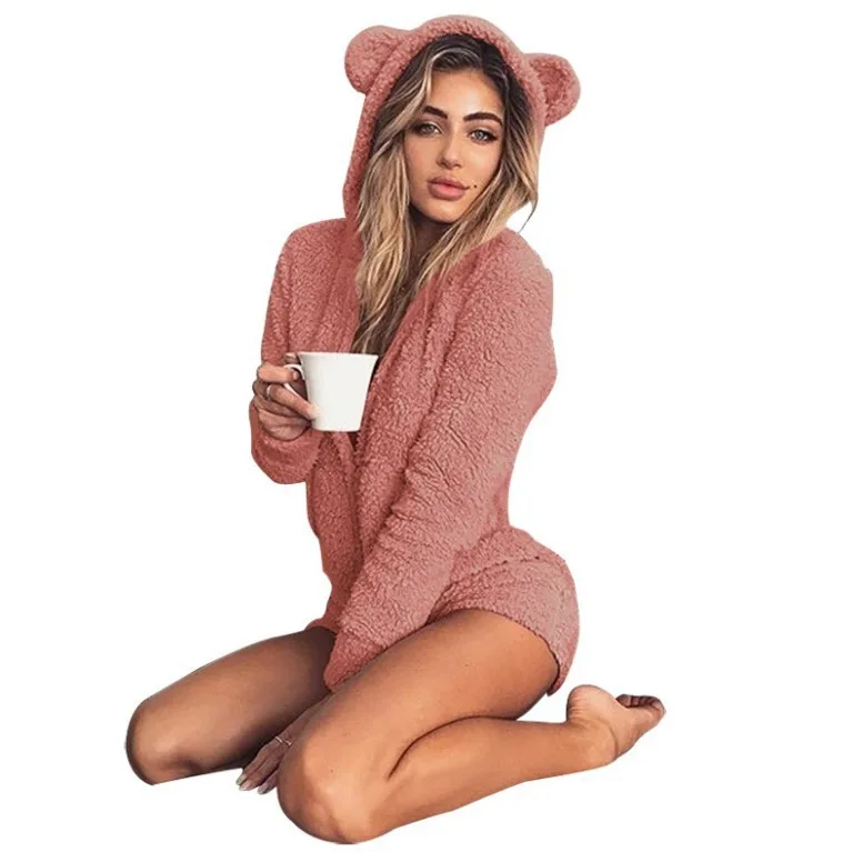

Autumn winter pajamas for women cute plush conjoined suit home sleepwear clothes Plush Fleece Ladies Hooded Plus Size Clothing