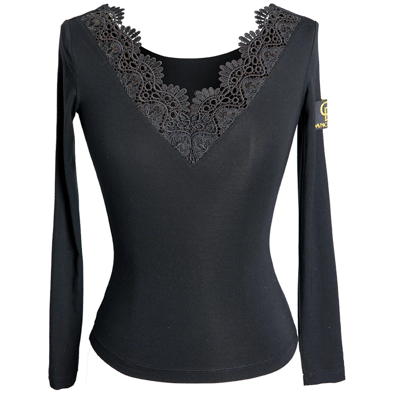

Black Latin Dance Tops For Women Tango Cha Cha Salsa Samba Rumba Practice Wear Long Sleeve Ballroom Training Clothes DC4110