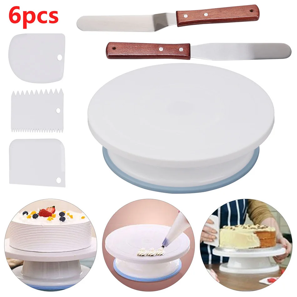 

6PCs/Set PP Plastic Turntable Rotating Cake Stand Dough Smoother Spatula Rotary Table Tools Cake Fondant Mold Molds Baking Cake