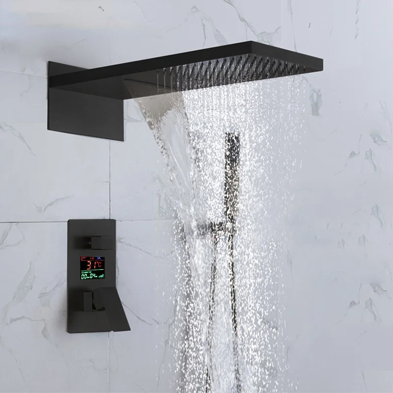 

Цифровая Душевая система для ванной комнаты, горячая и холодная черная Душевая система, настенный скрытый смеситель для ванны, квадратная г...