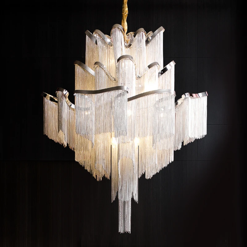 

Modern Chain Fringed Large Luxury Pendant Lights Hotel Hall Castle Stair Pendant Hanging Lamp Dining Room Living Room Decoration