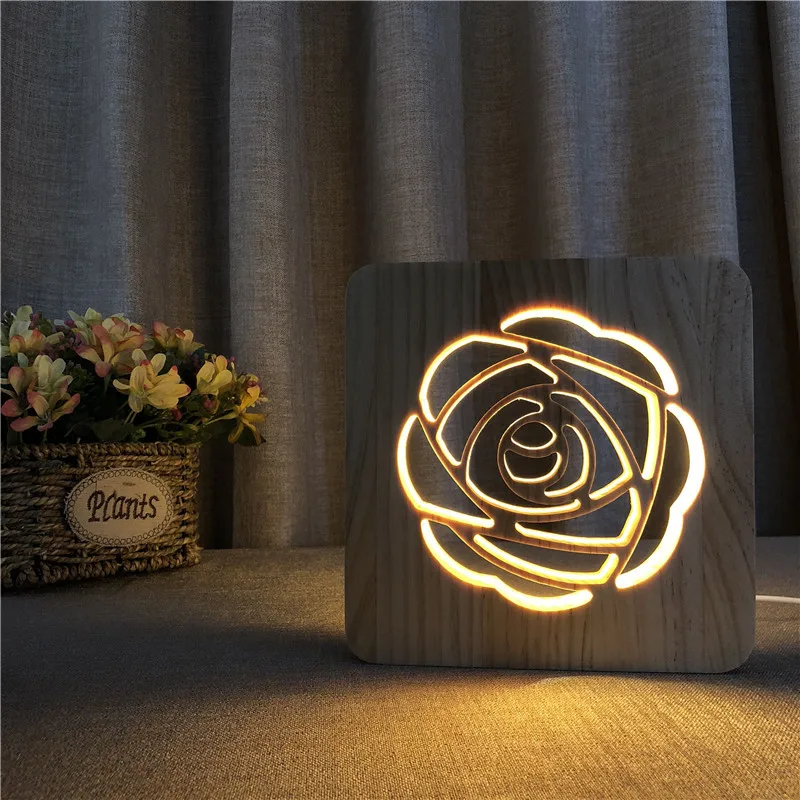 Wooden Rose Shape Night Lamp 3D LED Night Lights for Valentine's Gift Creative Warm White Bedroom Decoration Table Lamp