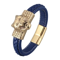 blue leather charm bracelets men party jewelry stainless steel wolf head magnetic clasp punk rock bangles male wristband sp0887