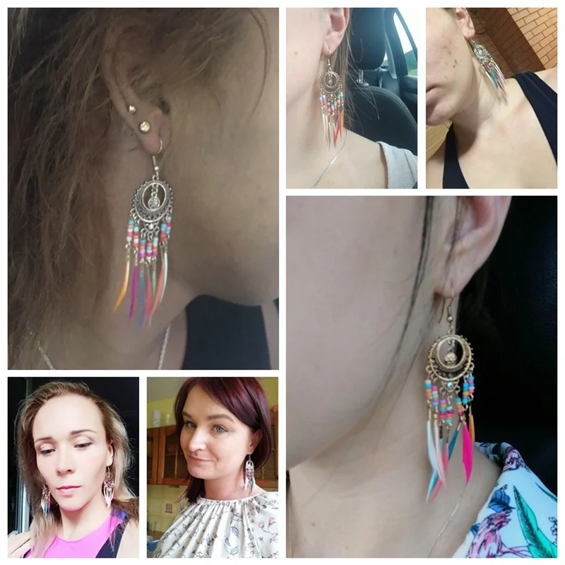 

Bohemian Rainbow Colors Feather Tassel Earrings 2020 Ethnic Vintage Hollow Out Beads Dangle Earrings For Women Indian Jewelry