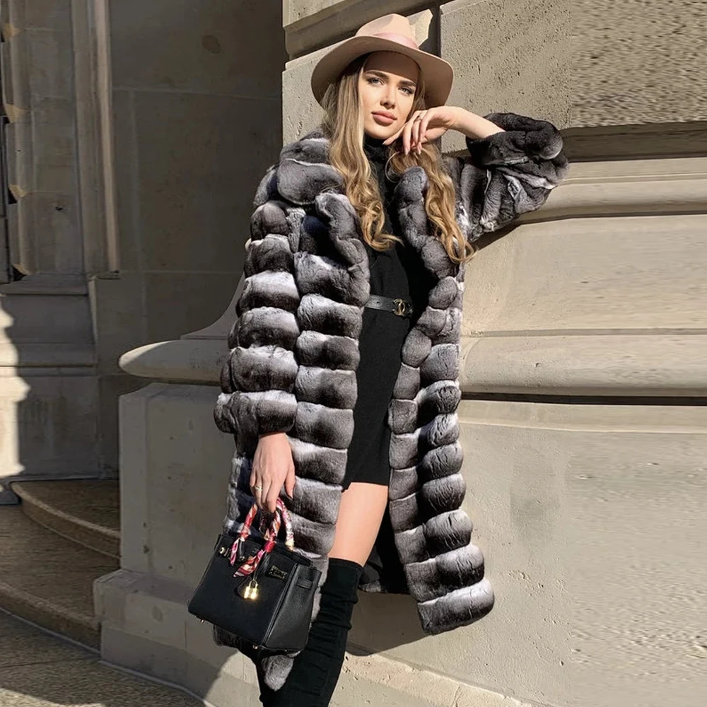 Winter Long Real Fur Coat for Women 2021 New Trendy Woman Whole Skin Rex Rabbit Fur Coat with Turn-down Collar Fur Overcoats enlarge