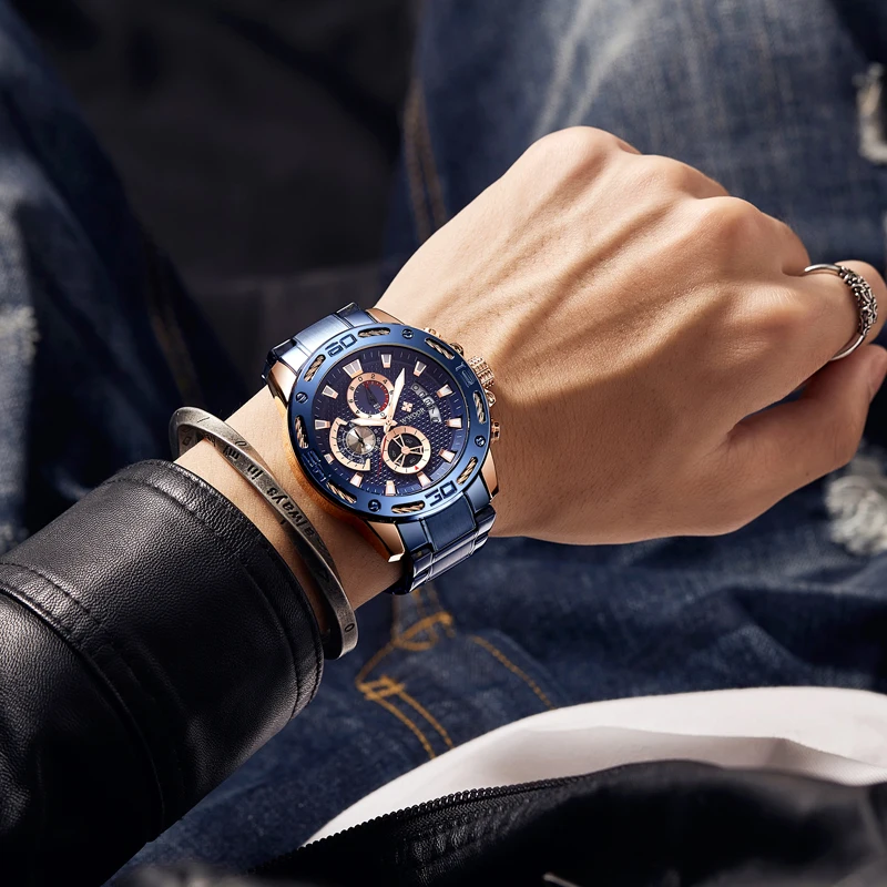 

WWOOR Brand Luxury Mens Watches Chronograph Quartz Watch for Men Big Dial Waterproof Stainless Steel Blue Gold Male Wrist Watch
