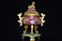 11chinese temple collection old bronze cloisonne enamel lion statue long three legged incense burner base ornaments town house