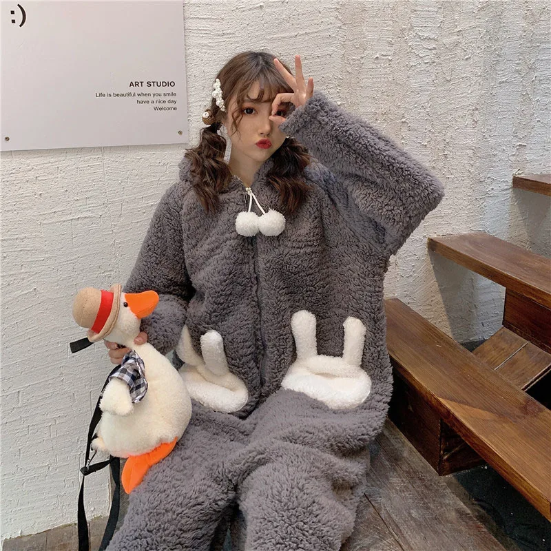 

Японская зимняя пижама из овечьей шерсти, Мягкая Милая женская домашняя одежда с капюшоном и длинным рукавом, с кроличьими ушками, милая Фла...